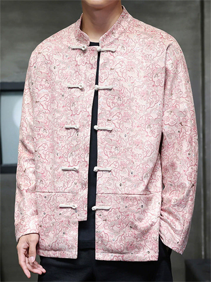 Men's Pink Frog Button Chinese Style Printed Tang Suit Kung Fu Jackets