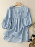Women's Summer Casual  Solid Color V Neck Half Sleeve Shirt