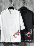 Men's Summer Retro Fish Embroidery Frog Button Half Sleeve Shirt