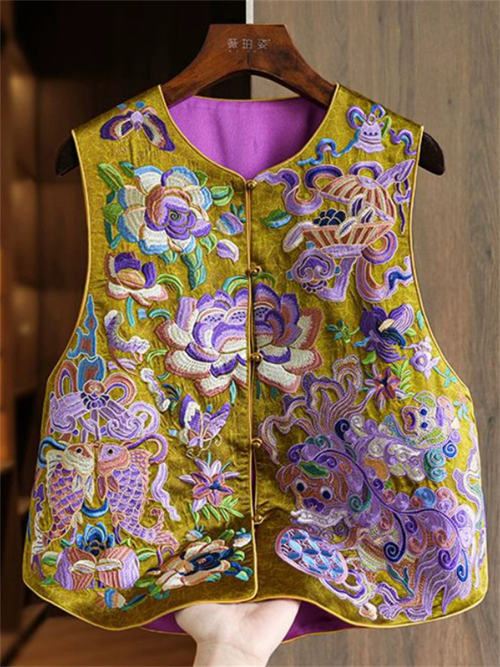 Women's Chinese Style Yellow Kirin and Flowers Embroidered Vest