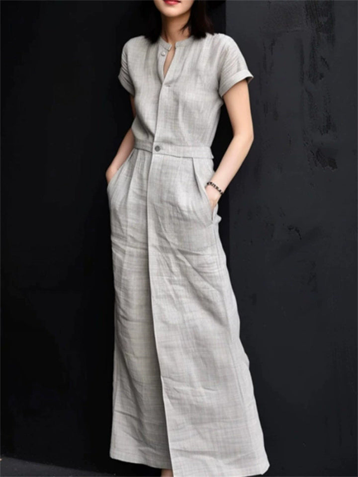 Women's O-Neck Gray Linen Short Sleeve Maxi Dress with Pockets