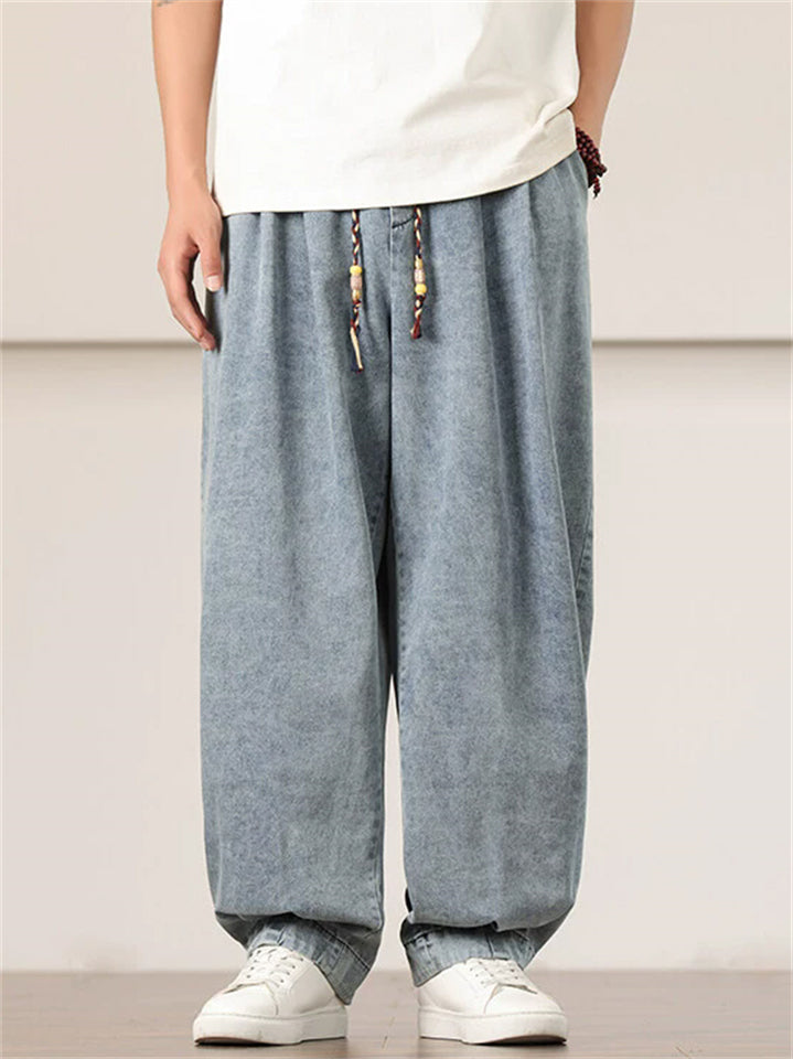 Men's Comfy Retro Trendy Solid Color Drawstring Wide Leg Denim Pants