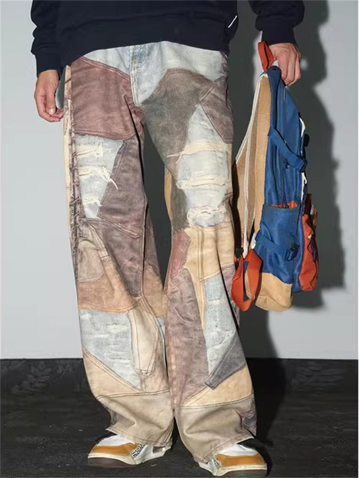 Men's Vintage Contrast Color Printed Straight Wide Leg Jeans