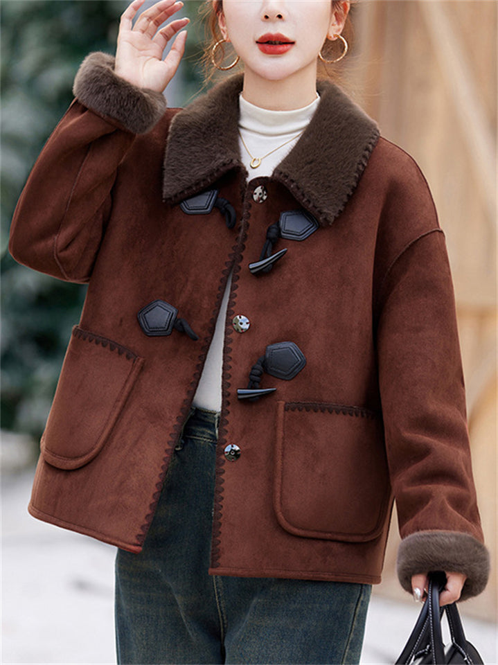 Women's Winter Vintage Contrast Trim Fleeced Faux Suede Long Sleeve Coats