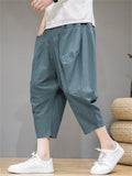 Mens Linen Blend Loose Baggy Cropped Wide Leg Harem Pants with Pockets