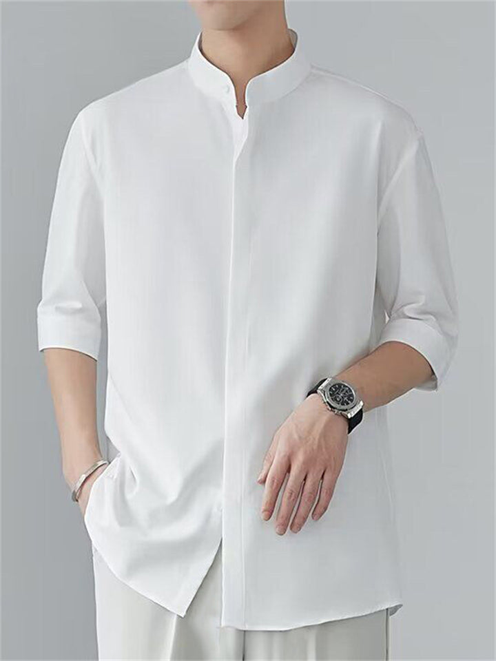 Men's Casual Cool Solid Color Stand Collar Half Sleeve Shirt