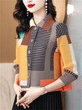 Female's One Size Elegant Striped Contrast Color Lapel 3/4 Sleeve Shirts