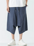 Mens Cotton Linen Striped Harem Shorts Loose Fit Capri