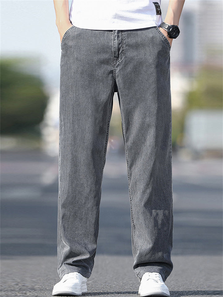 Men Summer Straight Leg Jeans Regular Fit Wash Denim Pants