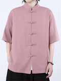 Oriental Style Casual Solid Color Short Sleeve Stand Collar Shirts for Men