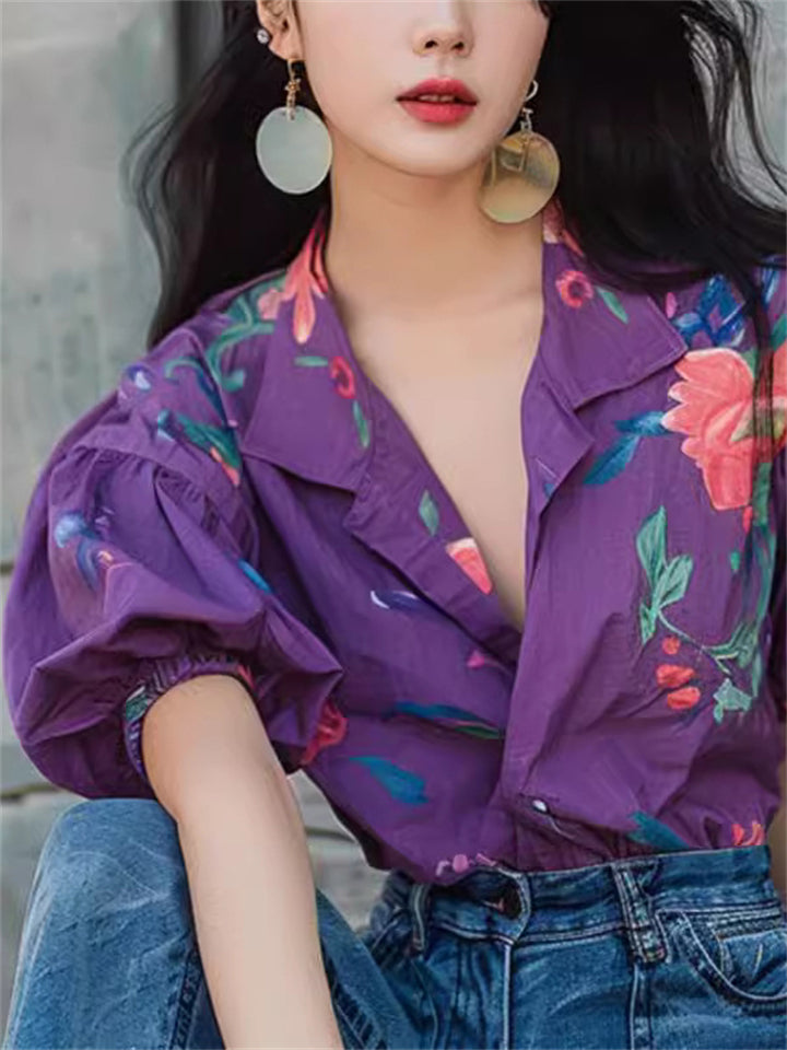 Summer Purple Floral Print V-Neck Puffed Sleeve Shirt for Women