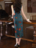 Lady Oriental Style Vintage Sleeveless Flower Print Split Cheongsam Dresses