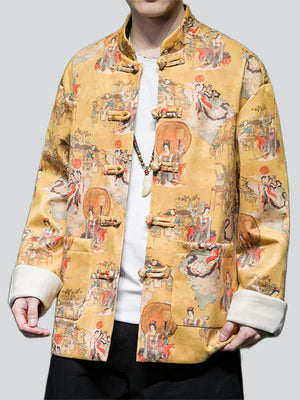 Men's Tang Dynasty Print Faux Suede Jacket