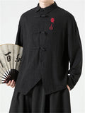 Men's Vintage Hanzi Embroidery Button Irregular Hem Shirt