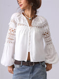 Women's French Style Hollow Lace Cardigan Puff Sleeve Shirt