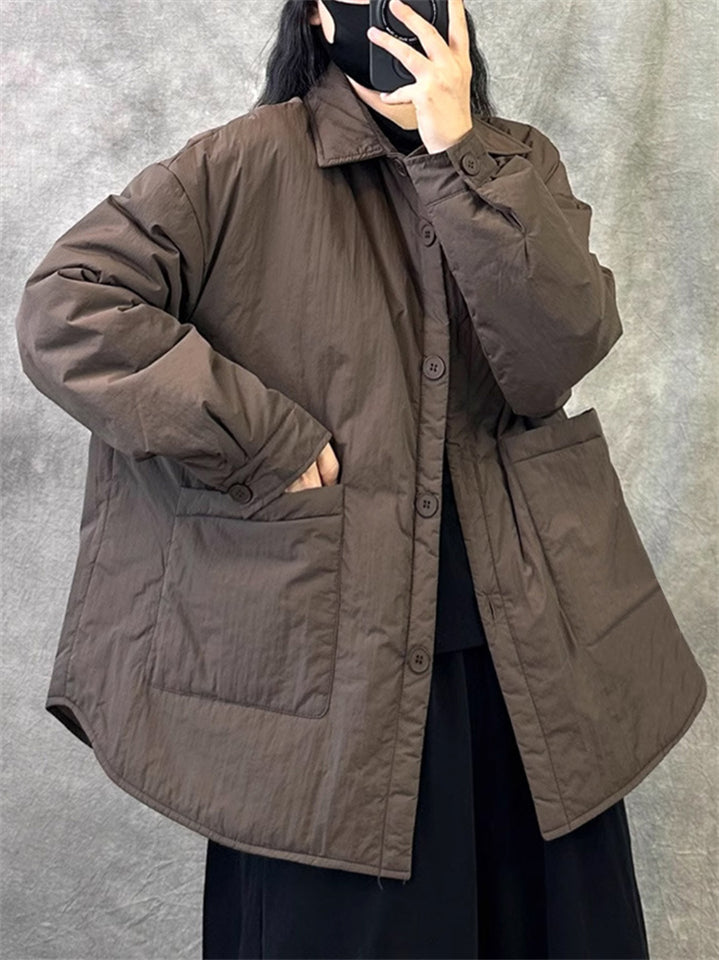 Retro Short Solid Solor Long Sleeve Pockets Coat for Women