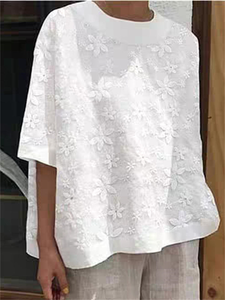 Women's Summer White Round Neck Embroidered Short Sleeve Shirts