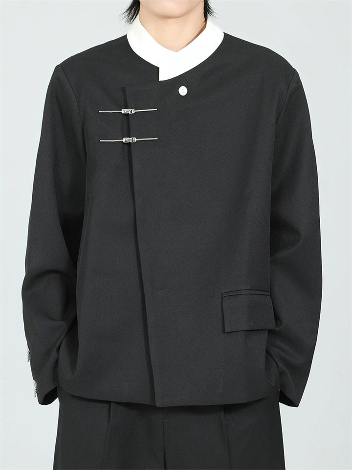 Men's Chinese Style Black Contrast Collar Long Sleeve Suit Jackets