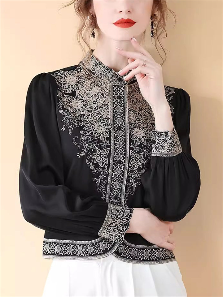 Women's Elegant Hollow Heavy Industry Embroidered Stand Collar Shirts