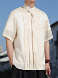 Men's Chinese Style Stand Collar Pleated Short Sleeve Shirts