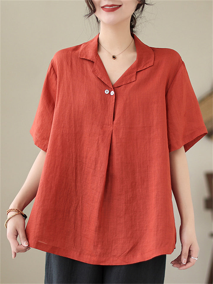 Women's Loose Solid Color Pullover V Neck Short Sleeve Shirts