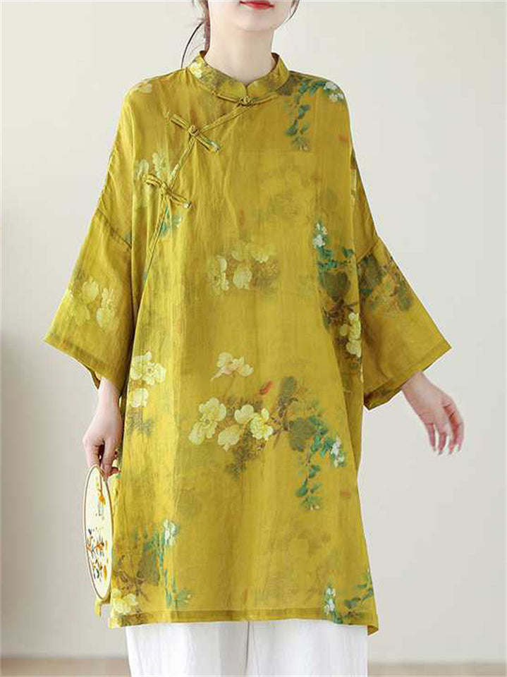 Women's Chinese Style Yellow Printed Slant Placket Qipao Shirts