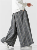 Men's Bohemian Cotton Linen Lace Up Striped Wide Leg Pants