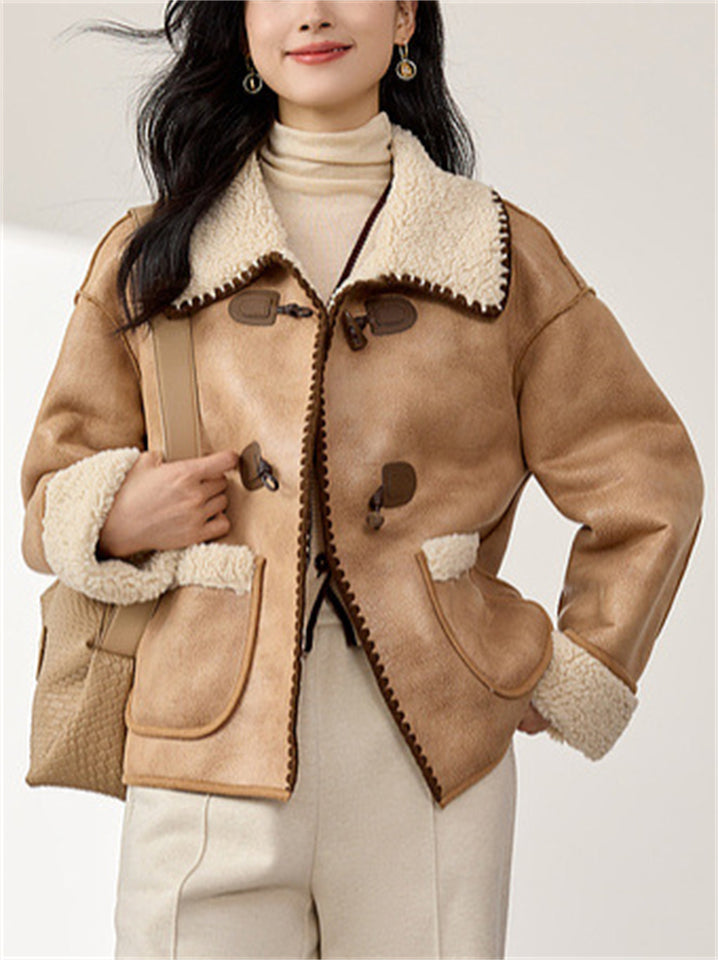 Women's Winter Vintage Contrast Color Faux Leather Lapel Long Sleeve Coats