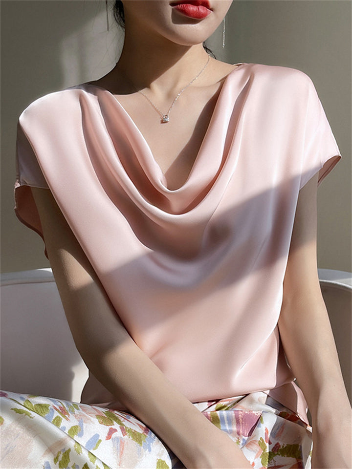 Ladies French Style Elegant Short Sleeve Satin Shirts