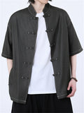 Oriental Style Casual Solid Color Short Sleeve Stand Collar Shirts for Men