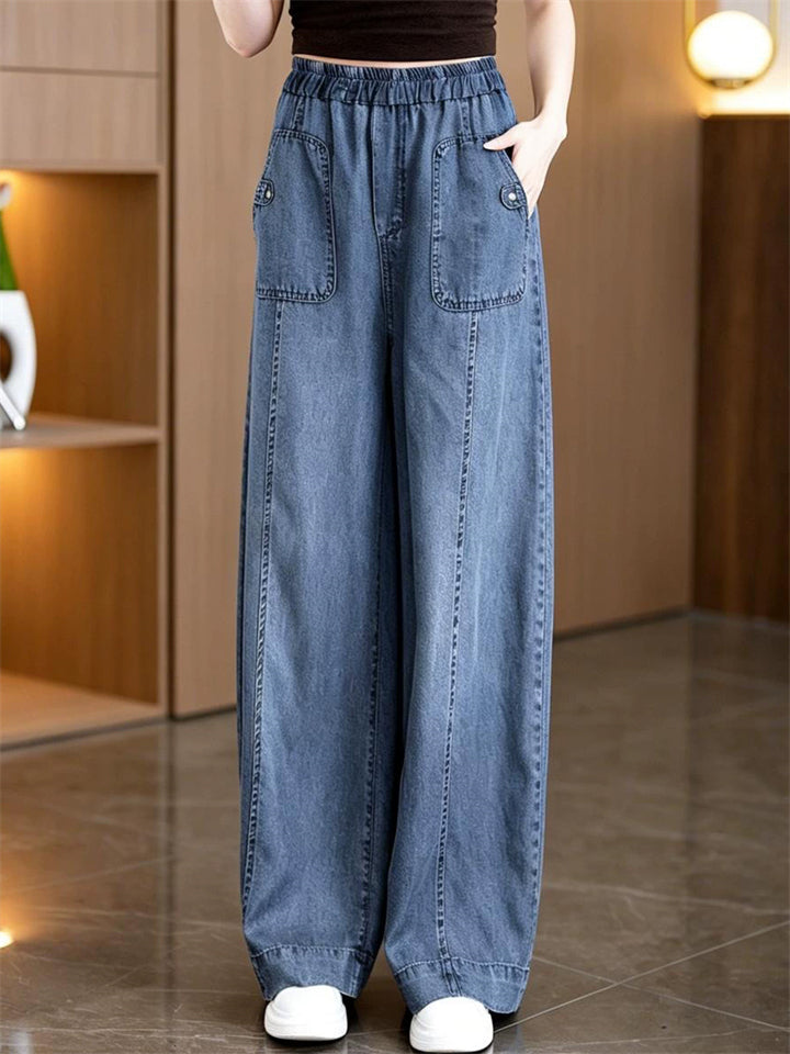 Women Summer Lyocell Wide Leg Baggy Denim Jeans Elastic Waist Loose Pants