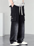Men High Street Cargo Jeans Drawstring Wide Leg Washed Baggy Denim Pants