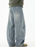 Men Vintage Baggy Curved Leg Loose Fit Washed Denim Jeans