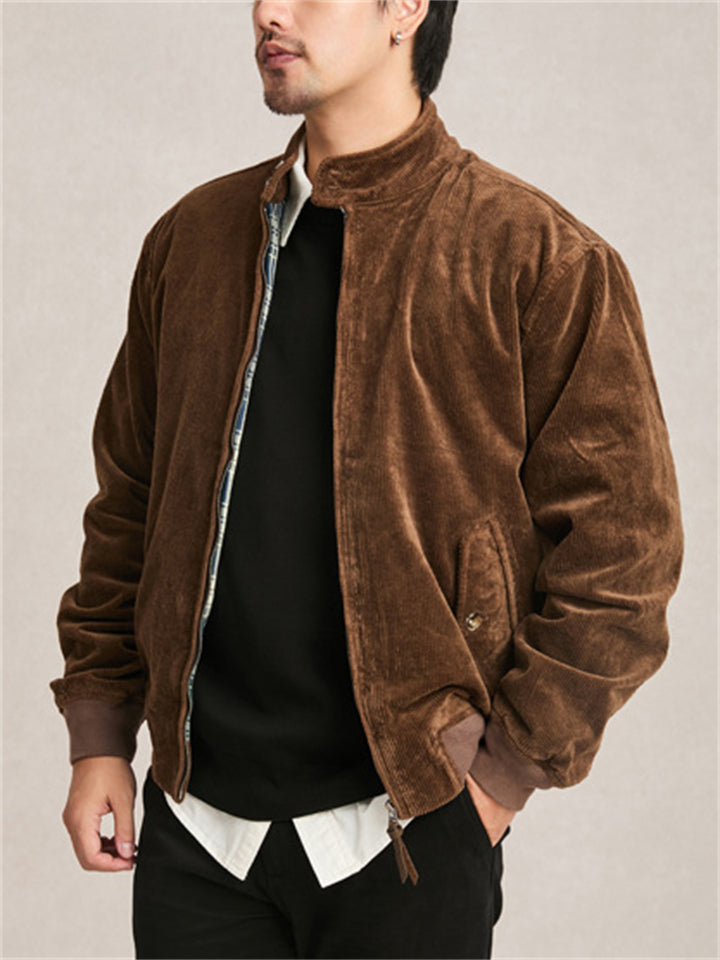 Men's Autumn Vintage Cotton Corduroy Long Sleeve Zip Up Coats