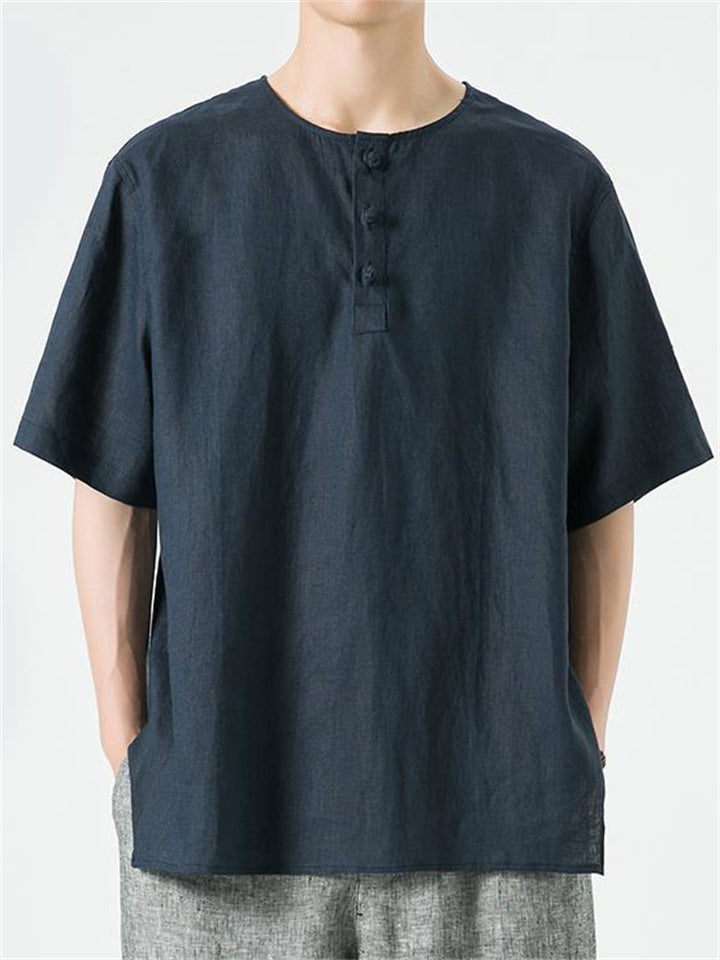 Chinese Style Comfy Solid Color Linen Short Sleeve Shirt