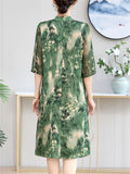 Chinese Style Green Landscape Print Cheongsam Collar Dress for Women