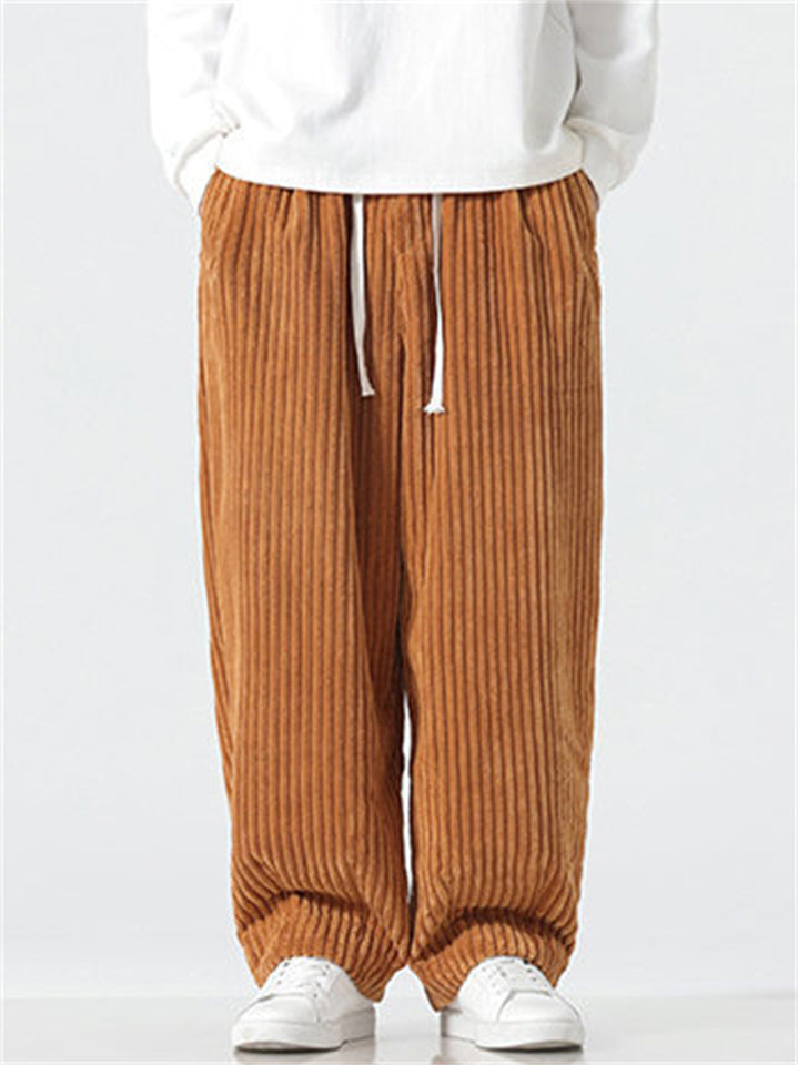 Mens Vintage Casual Corduroy Wide Leg Drawstring Pants