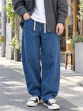 Men Japanese Style Baggy Jeans Wide Leg Loose Fit Drawstring Denim Pants