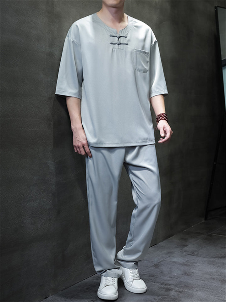 Men's 2Pcs Cool Casual Quarter Button Round Neck TangSuit Outfits