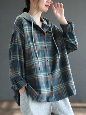 Women's Retro Plaid Contrast Color Long Sleeve Hooded Shirts