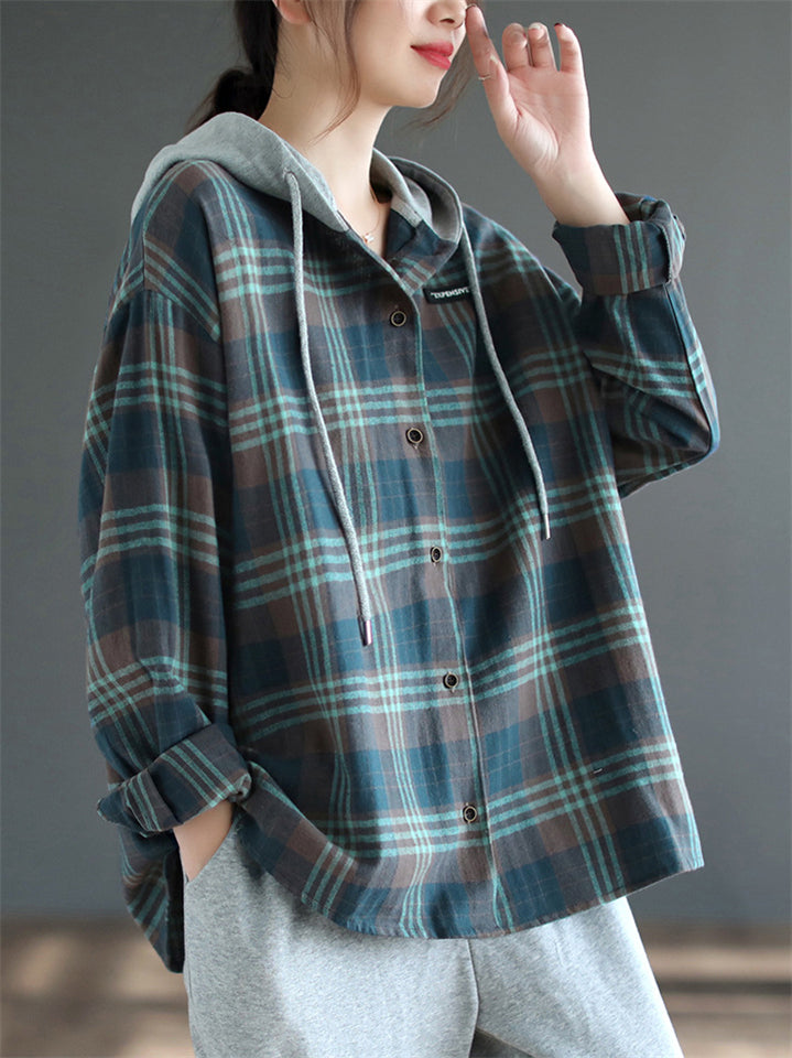 Women's Retro Plaid Contrast Color Long Sleeve Hooded Shirts