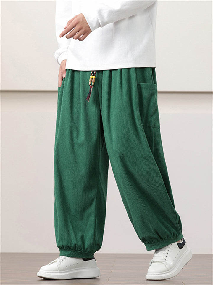 Men's Solid Color Corduroy Drawstring Wide Leg Pants