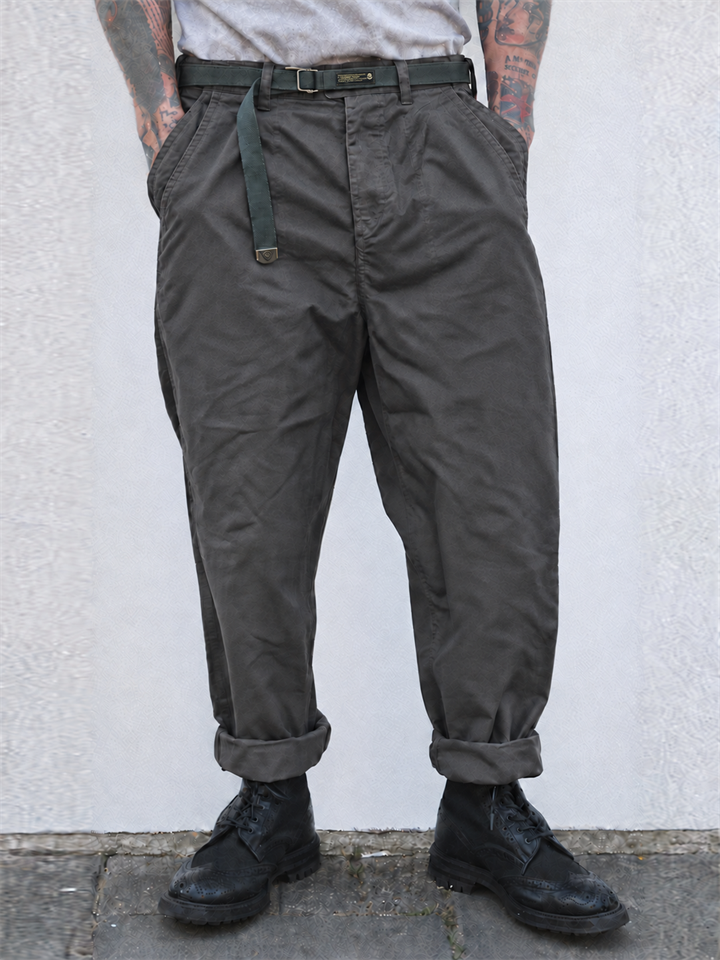 Men's Japanese Style Belted Relaxed Fit Straight Leg Pants