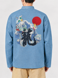 Men's Chinese Style Stand Collar Knot Button Embroidery Denim Jacket