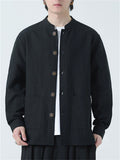 Men's Cotton Linen Mandarin Collar Casual Button Long Sleeve Outwear