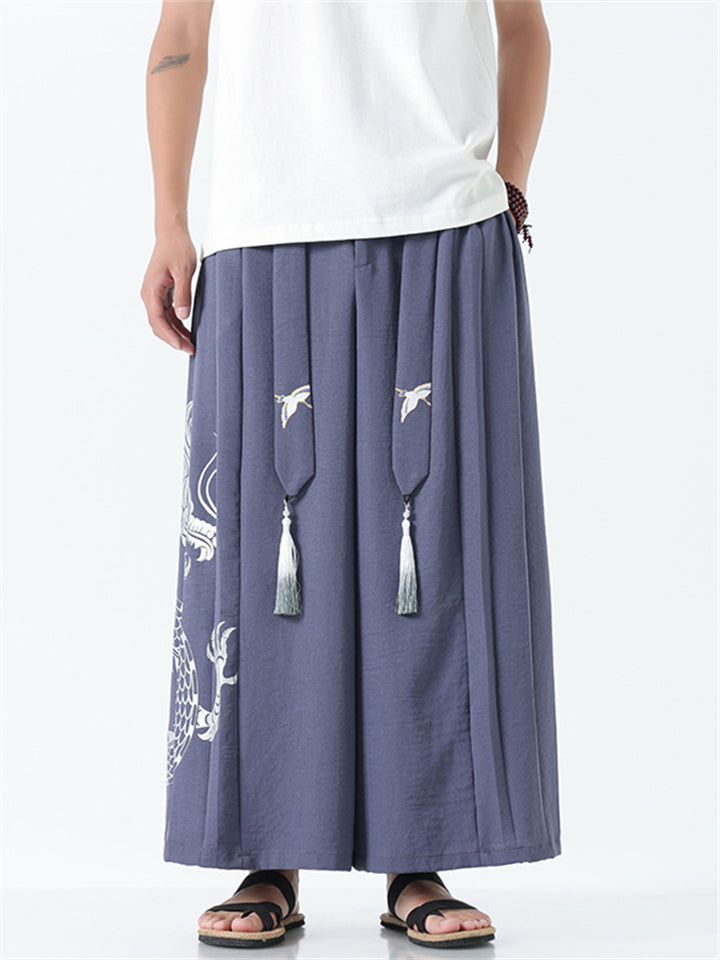 Men's Chinese Style Loong Print Wide Leg Hanfu Pants