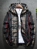 Men's Autumn Contrast Color Zip Up Plaid Hooded Long Sleeve Jackets