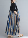 Bohemian Style Contrast Color Stripes Female Round Neck Oversized Dress