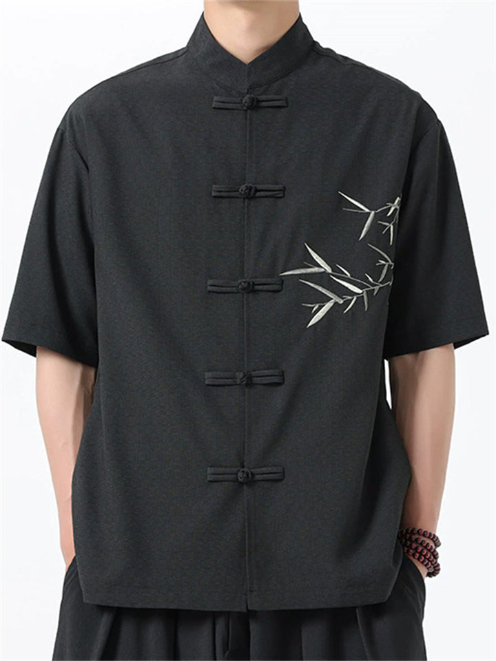 Men's Chinese Style Leaf Printed Stand Collar Short Sleeve Shirt