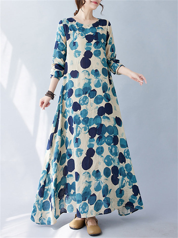 Women's Round Neck Blue Polka Dots Casual Maxi Dress